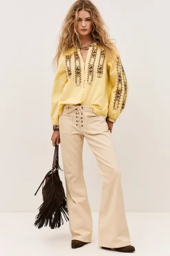 Ba&Sh FAUSTINA blusa bordada con mangas AMARILLO New