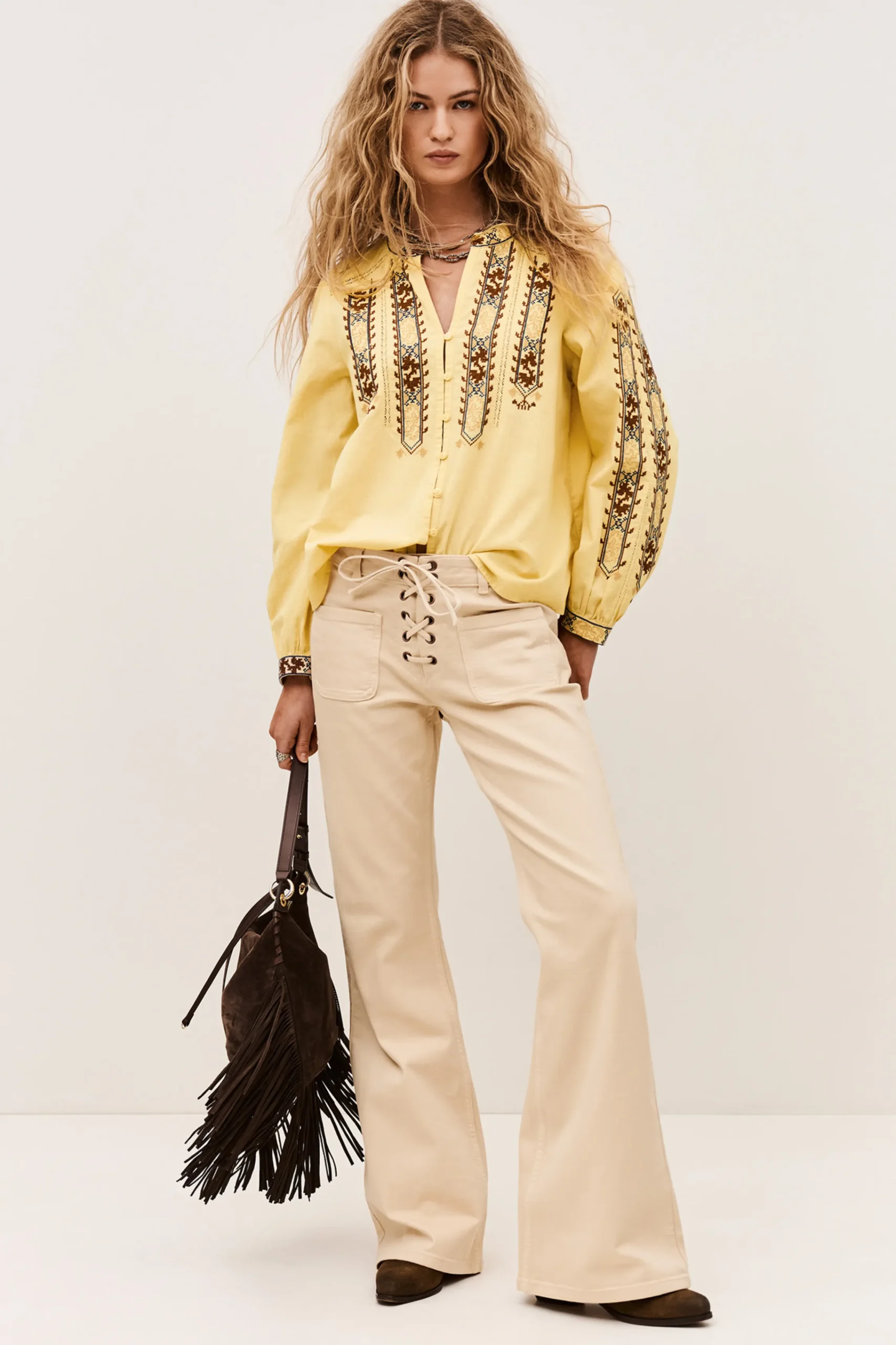 Ba&Sh FAUSTINA blusa bordada con mangas AMARILLO New